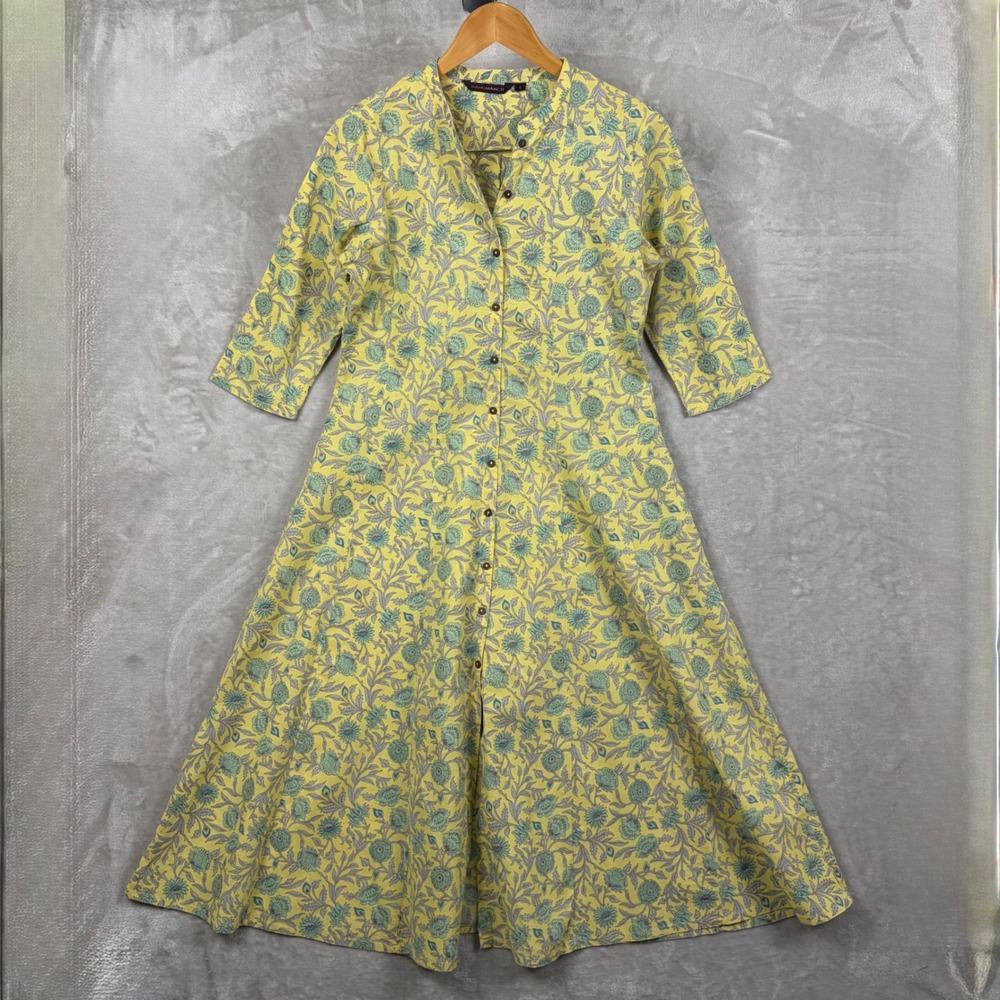 Rangmanch Yellow Floral Block Print Cotton Midi Dress Kurta 3/4 Sleeve Small